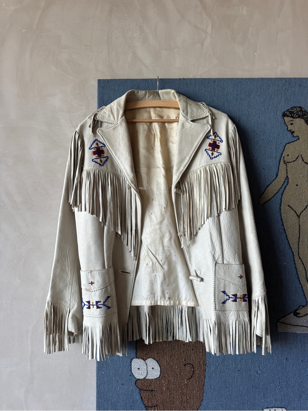 Vintage Fringed Embroidered Leather Jacket - White